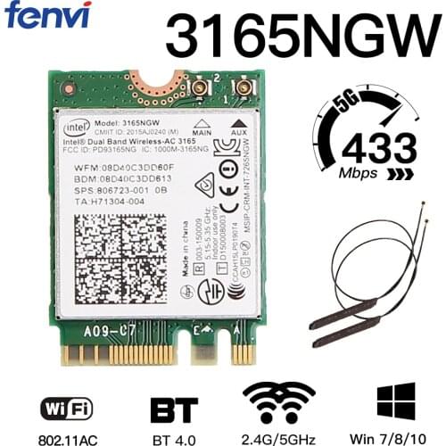 Dual Band 2.4G/5Ghz 433Mbps Wireless-AC Intel 3165 NGFF 802.11ac WiFi 3165NGW M.2 WLAN Card + Bluetooth 4.0 Network Mini Adapter
