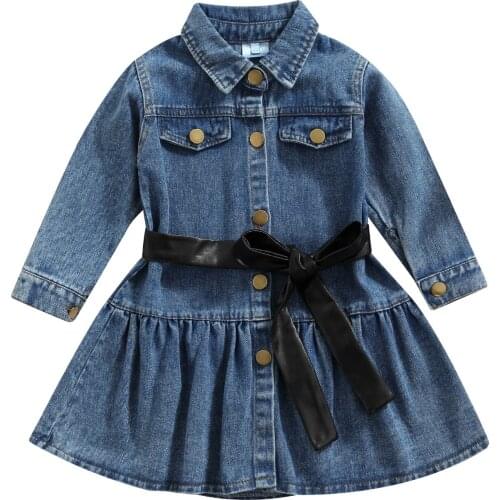 2021 2-7Y Toddler Baby Girls Denim Dress Fall Blue Solid Button Pockets Turn-down Neck Long Sleeve Tunic A-line Dress With Belt