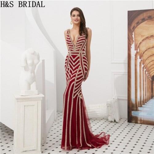 H&S Bridal Vintage Evening Dress V Neck Sexy Gold Beading Fitted Luxury Arabic Women Formal Dress Gown