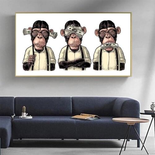 Nordic Animal Canvas Painting Funny Three Monkeys Gorilla with Money Headphones Pictures for Living Room Decoration No Frame