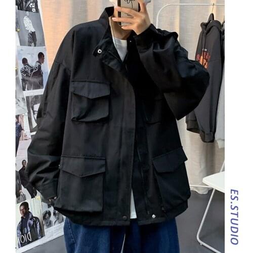 Oversized Cargo Jacket Men Autumn Spring Coat Korean Style Outwear Solid Multi-pocket Loose Casual Men Hip Hop Streetwear Jacket