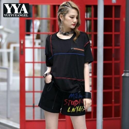 Summer Women Black Two-Piece Sets Cotton Spliced Mesh Short-Sleeve Round Neck T-Shirt Letter Loose Elastic Waist Shorts Suit