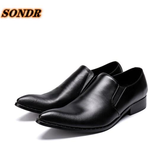 Korean Style Men Genuine Leather Shoes Pointed Toe Slip On For Men Dress Wedding Business Oxford Shoes Sapatos Masculino