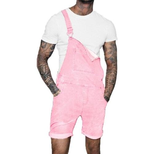 Fashion Denim Overall Shorts for Men 2021 Hip Hop Streetwear Mens Jeans Short Jean Jumpsuits Overall Shorts Plus Size Blue Pink
