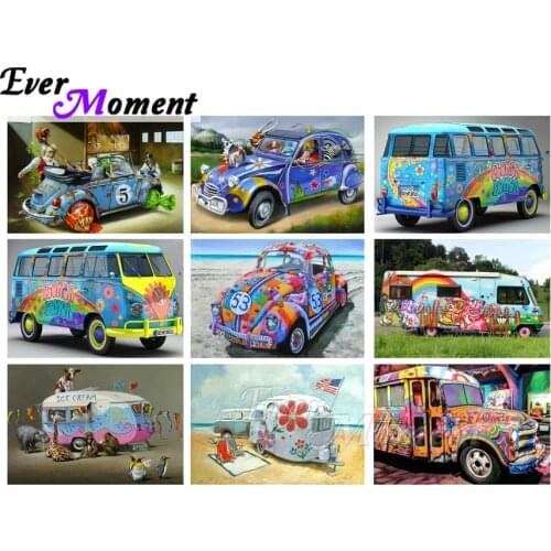 Ever Moment Diamond Painting Kit Colorful Car Bus Scenery Beach Summer Recreational Vehicle Full Square Handicraft ASF2293