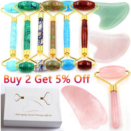 Natural Jade Roller Lift Facial Thin Massager Box Slimming Body Pink Green Stone Guasha Gem Anti Wrinkle Remover Gift Set Tool