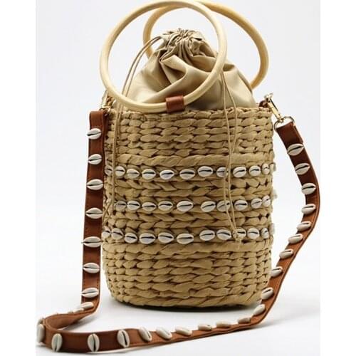 Ethnic style 2021 woven bag rattan woven ring shell shoulder handbag handmade straw woven bucket bag