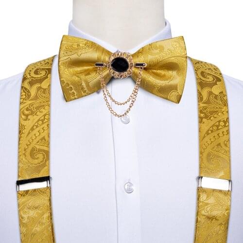 Luxury Yellow Men Pants Suspender Bow Tie Set Formal Party Wedding Shirt Pants Accessories Y-Back Braces For Trousers DiBanGu