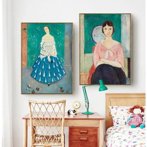 Northern European Niche Literary Retro Blue Skirt Girls Characters Jane Oil Painting Hotel Apartment Decorative Painting Canvas