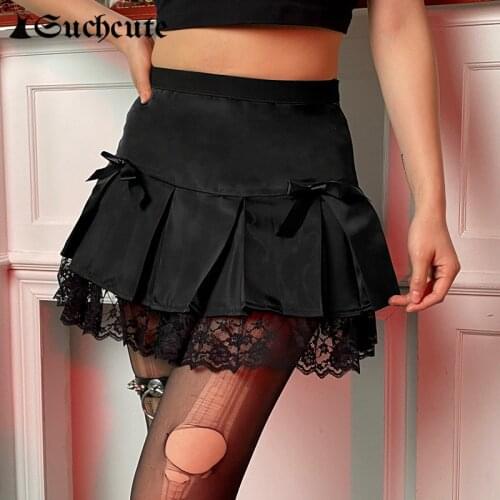 SUCHCUTE Dark Academia Womens Mini Skirt Streetwear Low Waist Lace Trim Pleated Skirt Gothic Aesthetic Modis Party Black Saias