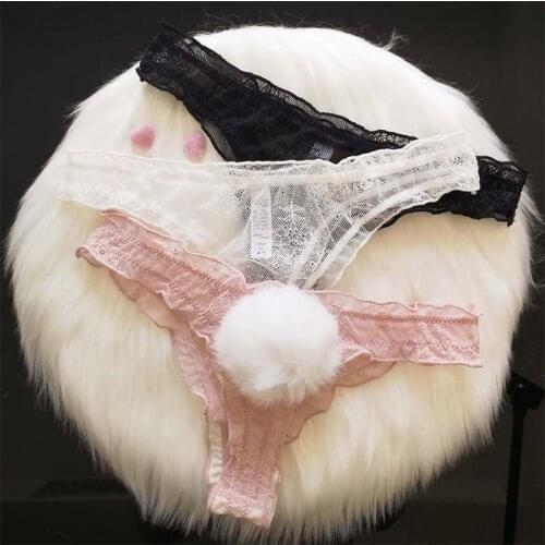 Sexy Lace Panties Low Rise G-string Cute Rabbit Tail Womens Underpants Breathable Transparent Underwear Comfort pink Thong