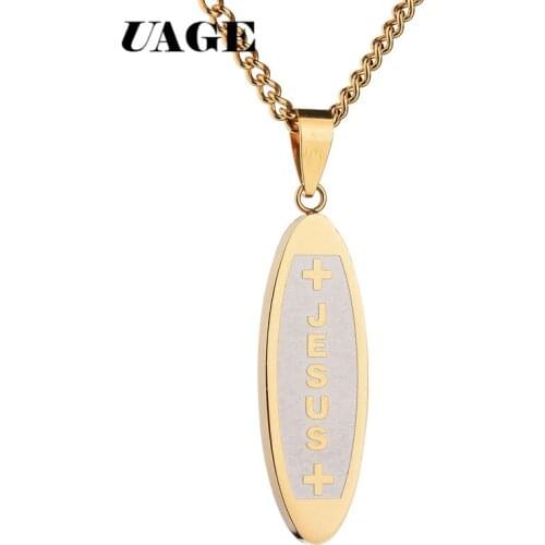 UAGE Gold Silver Color Christian Stainless Steel Pendant Necklace for Men Fashion Jewelry Crucifix Jesus Cross pendant Chain