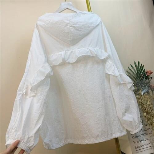 Spring Ladies Summer Jacket Ruffled Windbreaker Jacket Womens Hooded Casual Sun Protection Clothing Iarge Size Femme Harajuku