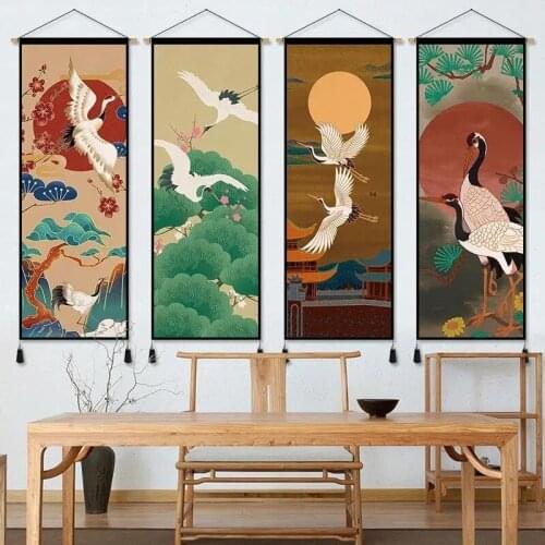Vintage Room Decor Chinese White Crane Canvas Painting Landscape Bedroom Living Room Wall Art Wood Scroll Paintings Art Poster