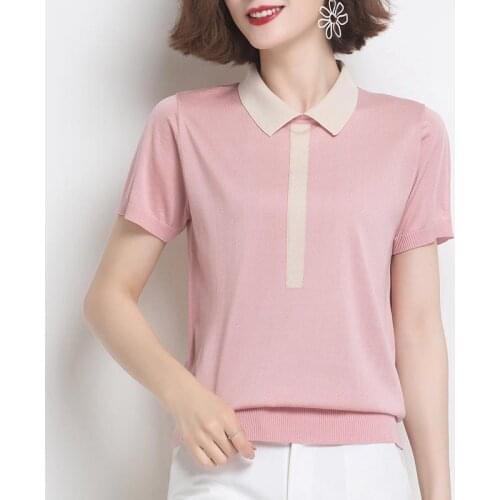 Women 2021 Summer Fashion Solid Color T-shirt Female Short Sleeve Loose Tops Ladies Lapel Ice Silk Knitted Pullover Tops Q18