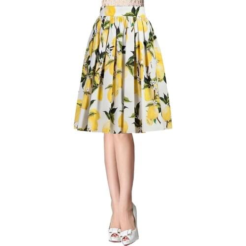 Womens High Elastic Waist A-line Midi Skater Flared Pleated Skirt Female Lemon Flora Printed Cotton Skirts