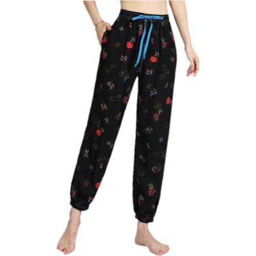 Spring Summer Women Modal sleep bottoms Female plus size Black nighty trousers Ankle-Length Pants Ladies Flower pajama pants