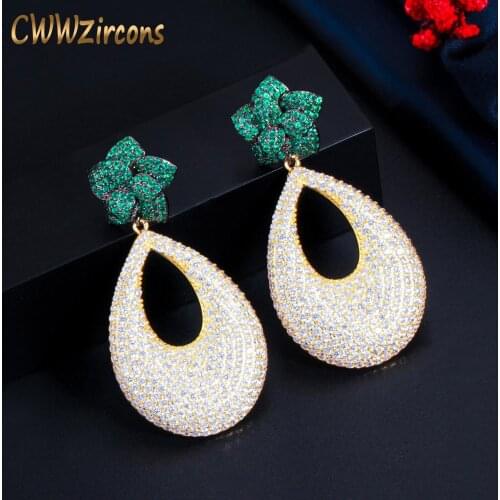 CWWZircons Shiny Green Cubic Zirconia Paved Flower Round Drop Dangle Women Long Party Earrings for Brides Jewelry Gift CZ805