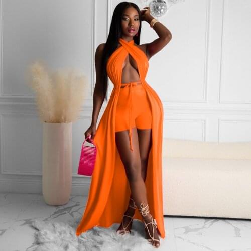 Women Beach Holidays Matching Set Party Club Outfits Wrap Halter Long Split Skirt Sexy Cover Up Shorts Set Two Piece Set