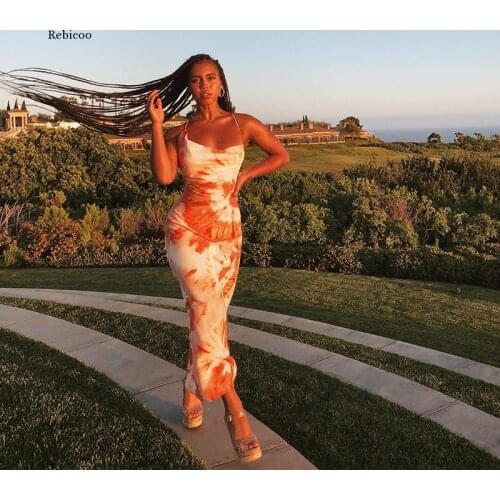 Women Tie Dye Print Fashion Sexy Backless Lace Up Midi Dresses Sleeveless Club Party Holiday Spaghetti Strap Sundress