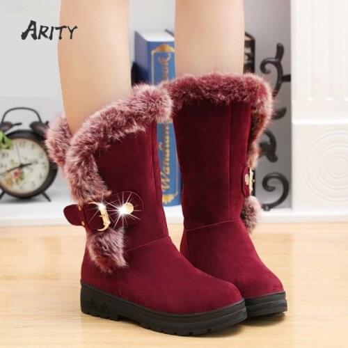 2021 Winter Thick Plush Snow Boots Womens Daily Round-toed Rabbit Fur Buckle Medium Boots Womans Warm Boots Plus Size