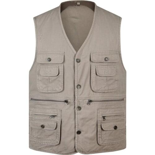 Classic Summer Men Vest Cotton Button Multi Pocket 3 Colors Sleeveless Jacket with Many Pockets Solid Big Size Travel Waistcoat