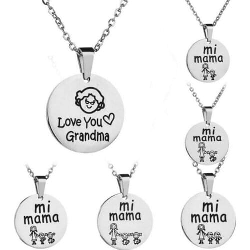 1PCS Abstract Wind Family Jewelry Necklace Mi Mama Love You Grandma Pendant Stainless Steel Necklace Chain