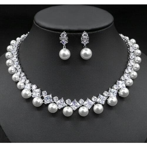 2020 Gorgeous Cubic Zirconia Stone Big Pearl Choker Necklace Earrings Set for Women Wedding Bridal Costume Jewelry