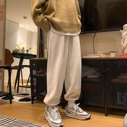 Wide Leg Mens Trousers Elastic Waist Corduroy Pocket Drawstring Trousers Casual Streetwear Mens Harem Pants