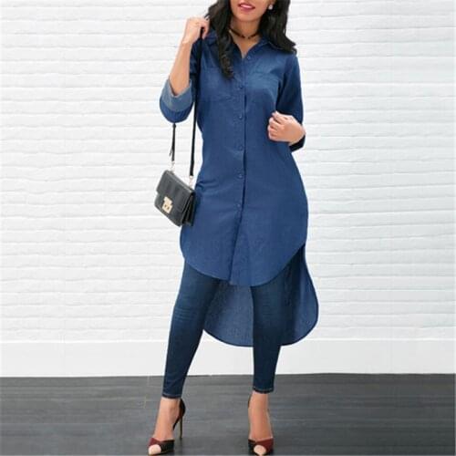 Spring Autumn Women Long Sleeve Irregular Blouse Turn Down Collar Women Denim Long Shirt Female Blouse