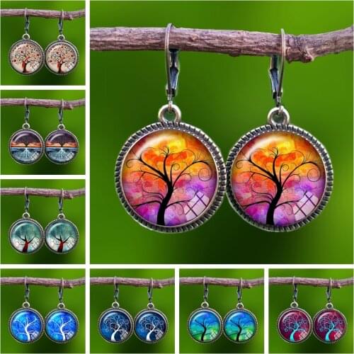 Tree of Life Glass Cabochon Drop Earrings Dangle Earrings Tree of Family Earrings Jewelry Gifts for Special Her