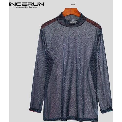 Men T Shirt Mesh Transparent Turtleneck Long Sleeve Streetwear Undershirt 2021 Shiny Party Nightclub Sexy Men Clothing INCERUN