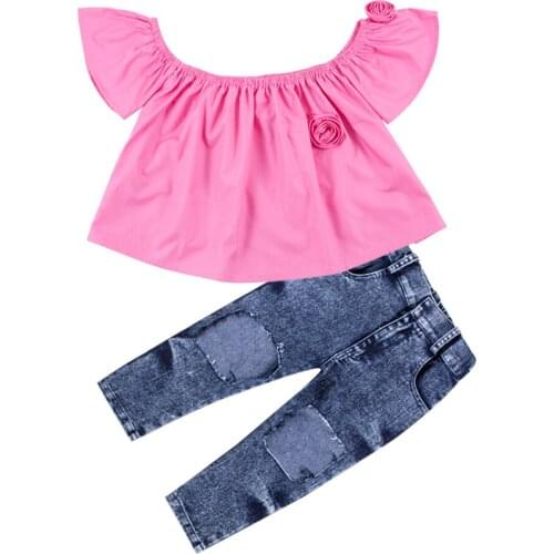 Little Girls One-Words Short Sleeve Pink Tops and Hollow Out Bue Jeans Clothing Sets Casual Fashion Spring Summer Clothing Sets