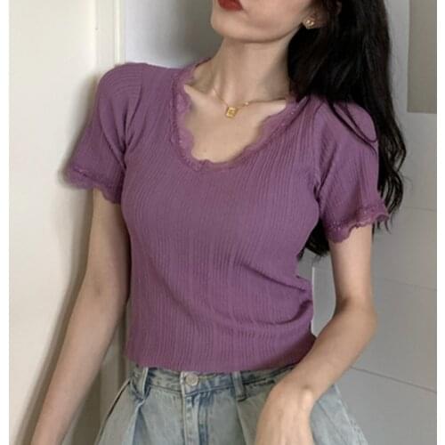 LJSXLS Summer Black T Shirt Casual Solid Color Knitted Crop Top T-shirt Women 2021 Lace Patchwork Short Sleeve Tee Shirt Femme