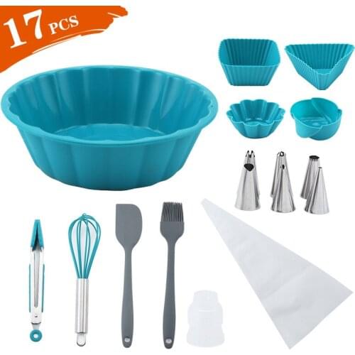 Baking Tools Set of 17 Pcs, Cake Decorating Kits Supplies with Piping Bag Tips, Silicone Cake Mold,Tongs Brush Egg Whisk Scraper
