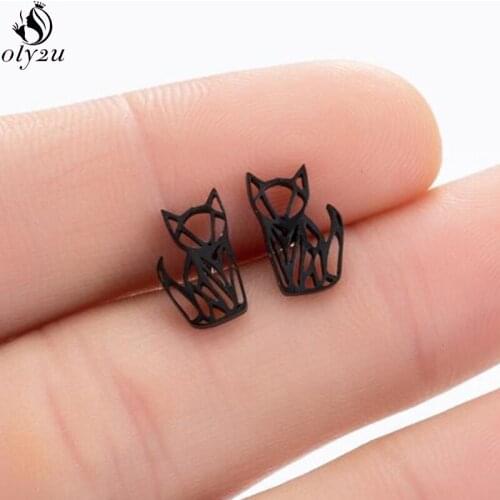 Stainless Steel Origami Cat Stud Earrings for Women Girls Punk Black Small Hollow Fox Earing Animal Jewelry Kids Pendientes Muje