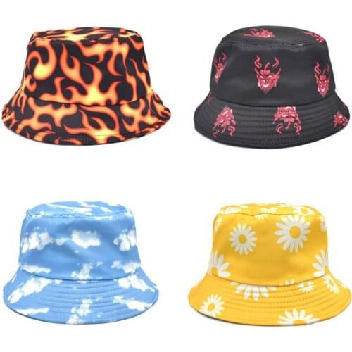2021 New Fashion Tie-Dye Fisherman Hat Double-Sided Double-Sided Hat Flame Printing Foldable Outdoor Sun Hat Fisherman Hat