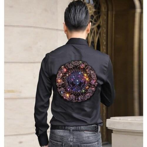 Fashion Diamond stone Shirts Men long Sleeve Rhinestones Mens Shirt Streetwear Casual Blouse