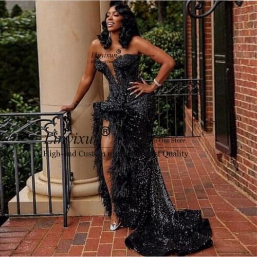Sexy Long Prom Dresses Ostrich Feather Sequin Formal Evening Dress High Split Off Shoulder Prom Party Gowns Tiered Back Corset