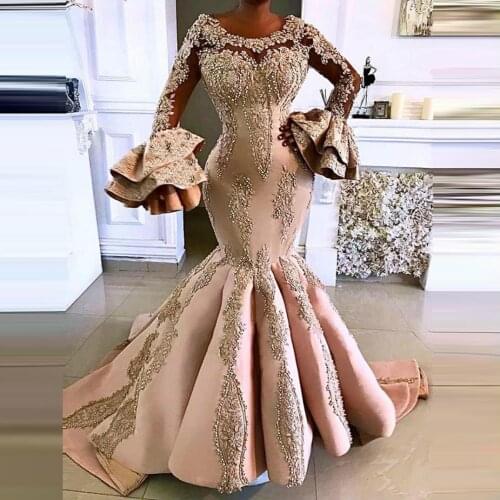 African Evening Dresses Long Sleeves Tiered Applique Lace Beads Sequins Plus Size Prom Dress Mermaid Aso Ebi Dubai Vestidos