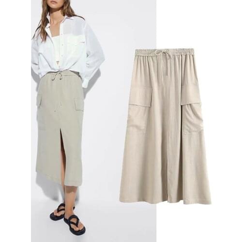 Za Skirts Women Vintage Solid Color Pleated Bow Tied Soft Cotton Linen Skirt Faldas High Waist Chic Woman Skirts