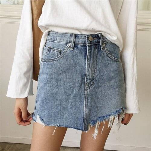 Spring Summer New Hole Flashing Washed Denim Skirt Female Irregular Wild Solid A Word Women Skirt
