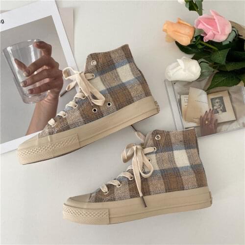 Vintage Plaid High-Top Canvas Vulcanized Shoes Women All-Match Korean Lace Up Flat Shoes Ulzzang Fashion Ins Streetwear Sneakers