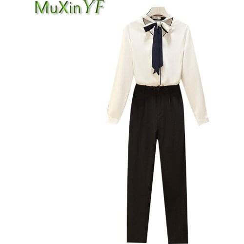 Lady Graceful Bow-Knot Two Pieces Set 2021 Spring Autumn Fashion Chiffon Full Sleeve Tops Long Black Pants Suit Women Clothing