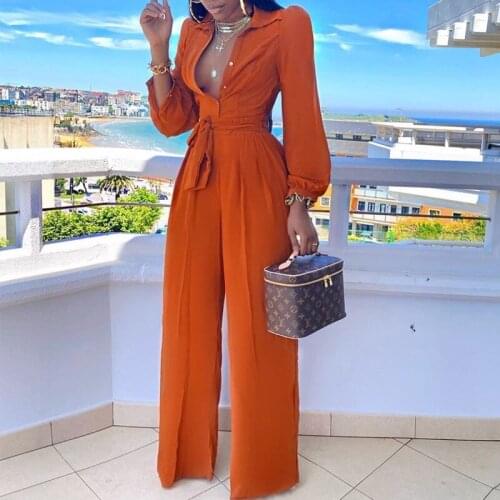 Women Long Sleeve Turn Down Collar Long Sleeve Jumpsuits Chic Solid Regular Button Detail Shirt Jumpsuits Outfits