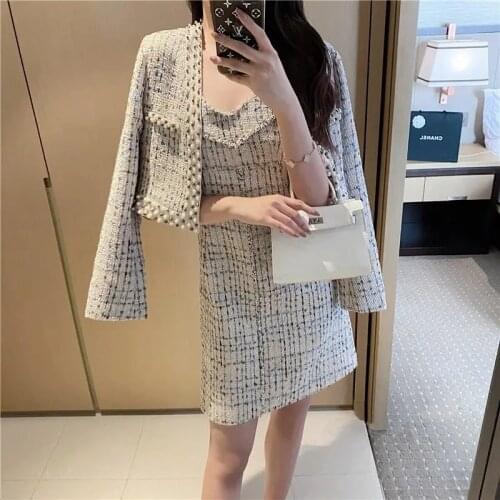 New Female Spring Autumn Retro Chic Jacket + Sling Dress Suits Women OL High Quality Two Pieces Sets
