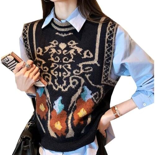 Autumn 2021 New Women Vintage Knitted Vest Sweater Irregular Contrast Color Sleeveless Waistcoat Female Clothing Casual Top