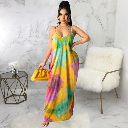 Gradient Tie Dye Print Bohemain Holiday Dress for Women Spaghetti Strap Backless Loose Dresses Summer Beachwear Draped Vestido