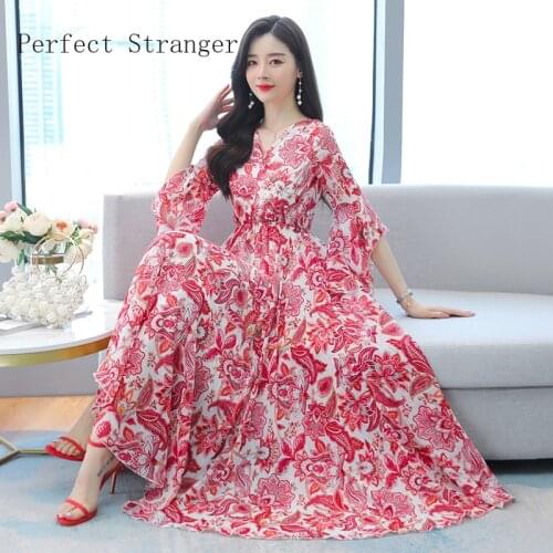 2021 Summer Women Dress M-4XL V Collar Flare Sleeve Flower Printed Girl Chiffon Long Dress High Quality Women Clothes