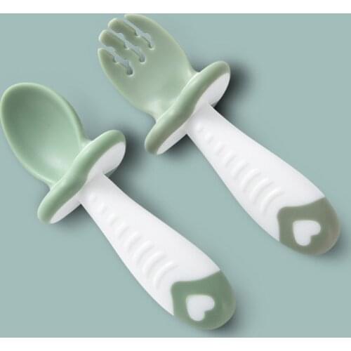 2Pcs/Set Baby Training Soft Head Spoon and Fork Short Handle Kids Spoon Fork Set BPA Free J60B